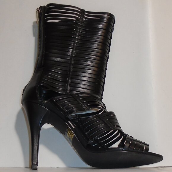 Colin Stuart Calf High Boots Stiletto Heel Pumps Skin Baring Peep Toe Black - Picture 4 of 14